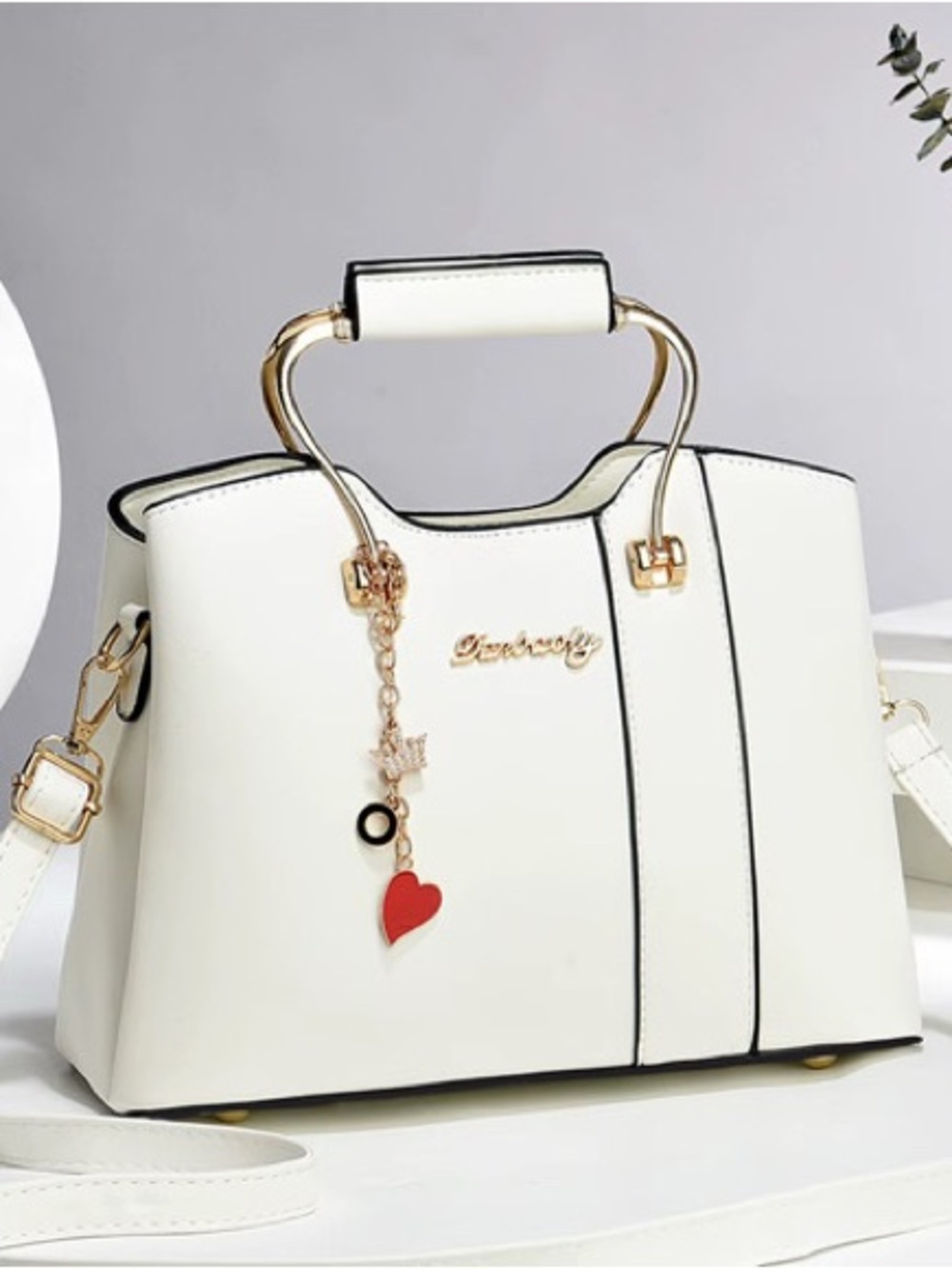 White Structured Tote Bag with Gold Hardware